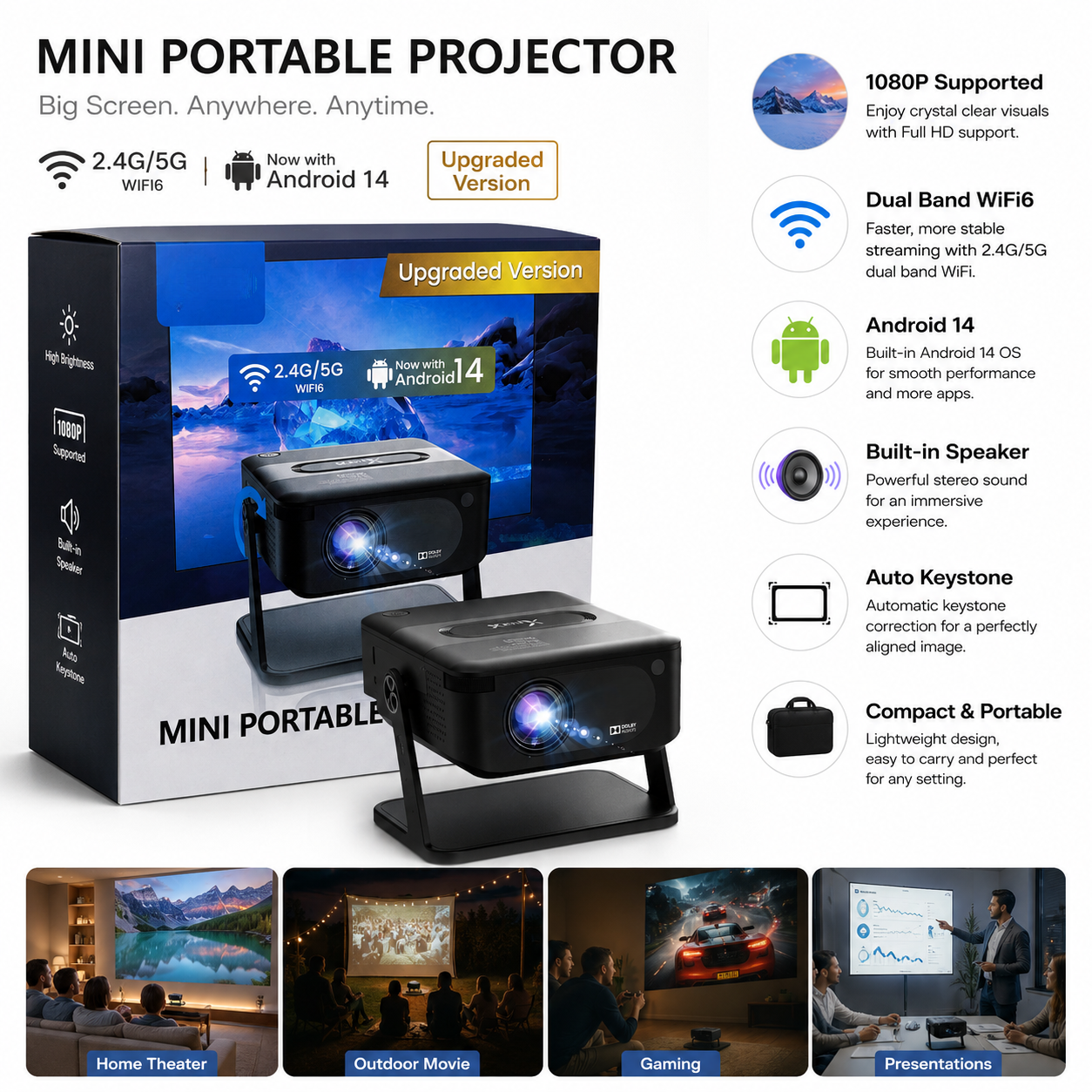Xnano Premium Smart Projector 6 Months Warranty | 200 Inch Display | Auto Keystone | Screen Cast