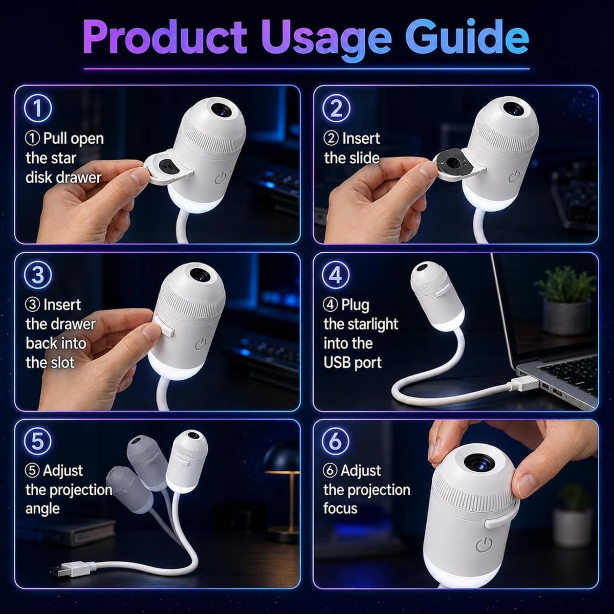 USB Galaxy Star Projector & Warm Night Light – 6, 12 & 24 Lens Options