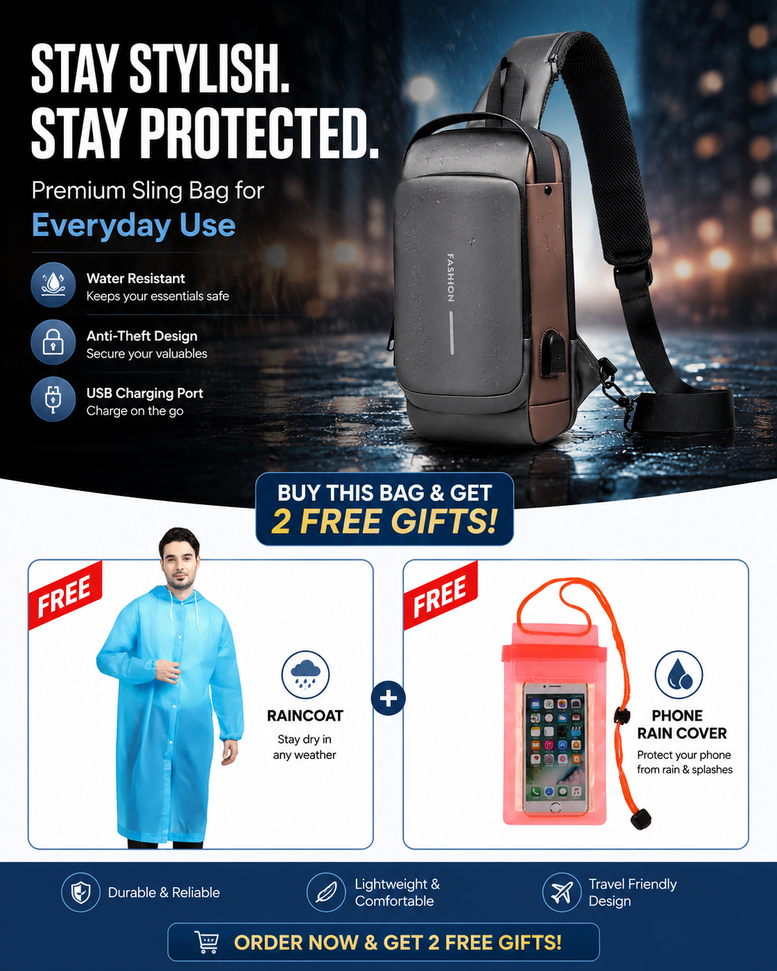 Anti-Theft Sling Shoulder Bag, Waterproof with Password Lock (Free Gift raincoat + Phone Cover)